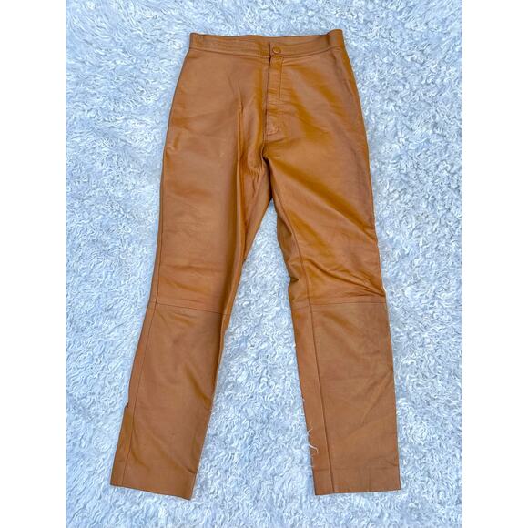 Vintage 80s PumpkinSpice SmoothGrained Leather Pants HighWaist Fall Thanksgiving - Picture 3 of 11